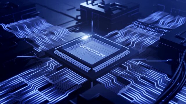 Quantum computer chip with blue line glowing wires on circuit motherboard, Futuristic binary digital code technology, 3d illustration, Looping animation