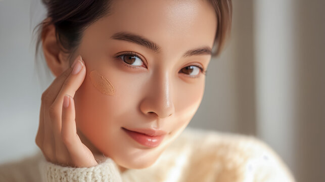 頬にファンデーションを塗りスキンケアをする美肌の若いアジア人女性のクローズアップ