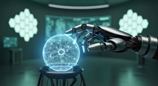 A robot hand holding a glowing crystal ball in a futuristic laboratory setting. - Powered by Adobe