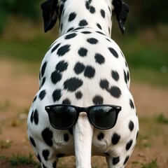 A Dalmatian dog is seen from the back, humorously wearing sunglasses on its tail against a blurred natural background 