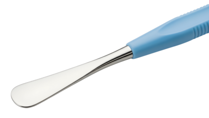 Isolated Medical Laboratory Spatula with Light Blue Plastic Handle and Stainless Steel Blade