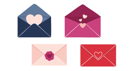 Envelopes with heart motifs and sealing wax depicting love messages on a white background illustration