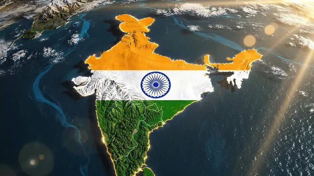 The indian flag superimposed over a map of india on a satellite image of earth 4k video