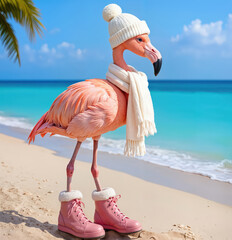 A charming flamingo, adorned with a cozy knit hat, scarf, and pink boots, is gracefully standing on a picturesque tropical beach