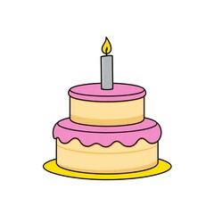 Simple two tier birthday cake with pink frosting and candle