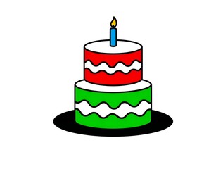 Two tier birthday cake with red and green frosting and a single candle