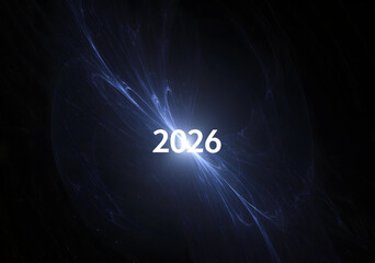Ultra-minimalist New Year 2026 concept: a single glowing point representing “2026” in a vast dark space, abstract cosmic elements, faint nebula textures, poetic and futuristic, clean design