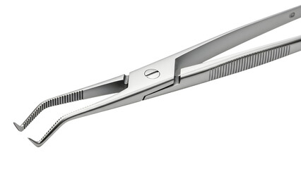 Silver Metallic Surgical Forceps with Angled Curved Tip Isolated on White Background