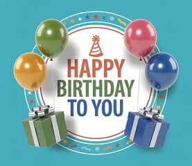 Colorful birthday celebration with balloons and gifts on blue background