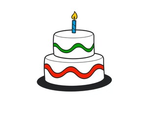 Simple cartoon drawing of a two tier birthday cake with a single candle