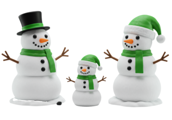Three 3D rendered snowmen: two large with green scarves, top hats, one small with Santa hat, on a glossy white studio background with reflections. Cheerful winter holiday concept