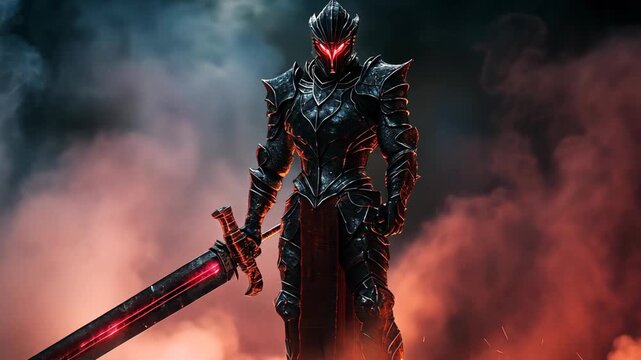 fantasy character, dark knight in black armor holding big sword surround with smoke in dark night 