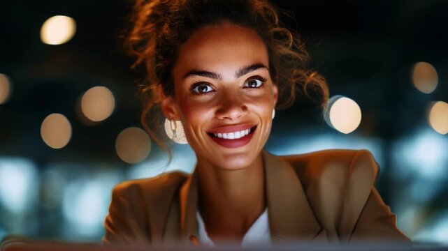 A radiant woman with glasses flashes a joyful smile while seated in a cozy, softly lit environment, perfectly capturing the essence of positivity and charm in an engaging atmosphere.