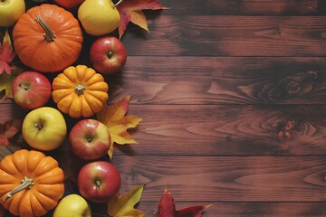 Autumn harvest arrangement of pumpkins apples and colorful fallen leaves on wood
