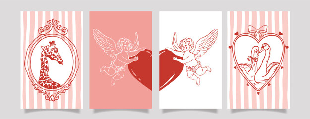 Romantic vintage Valentine’s Day card set with cupid angels, heart symbols and love animals. Red and pink hand drawn illustrations in retro style for wedding invitations, greeting cards, posters