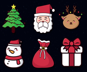 Cute Kawaii Christmas Icon Set with Festive Lights and Characters Vector