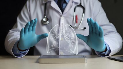 Doctor in lab coat presents lungs hologram, showcasing respiratory system and disease prevention, emphasizing healthcare