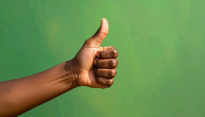 Dark-skinned hand showing positive thumbs up gesture, symbolizing approval, success, and agreement on green background.