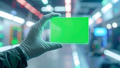 High-tech research: Hand in cleanroom glove holding glowing green screen device in modern advanced laboratory environment.