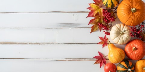 Autumn harvest arrangement of pumpkins gourds and colorful fall leaves on wood