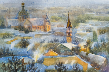 Vilnius old city panorama in winter watercolor background