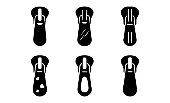 Collection of six black zipper pull icons on a white background