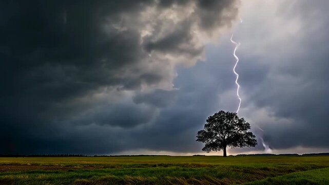 a lone tree with lightning strike and cloud storm at rural countryside field 