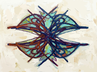 Abstract symmetrical digital painting with thick brush strokes. Artistic textured design featuring teal and brown lines on a beige background. Oil painting style illustration.