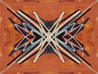 Abstract impasto oil painting texture with geometric cross pattern on orange background. Expressive acrylic brushstrokes creating a chaotic X shape on rust colored canvas. Modern artistic wall art