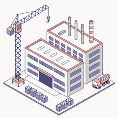 Isometric view of a large industrial factory complex under construction with crane and truck © Miasahin