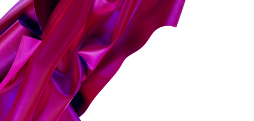 Elegant abstract of flowing pink fabric with textured details, vibrant purple shadows, and a clean white background. Per