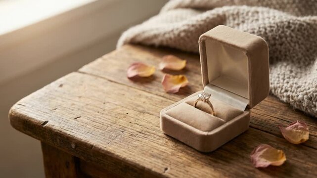 Beautiful golden ring with a solitaire diamond sparkling in natural light, presented in a beige velvet box on a rustic wooden table, surrounded by delicate rose petals