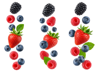 Raw berries and strawberries isolated on transparent background