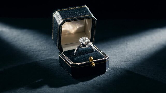 Brilliant diamond engagement ring shining inside an elegant jewelry box under a spotlight, symbolizing a precious gift for marriage proposal, anniversary, or a special romantic occasion