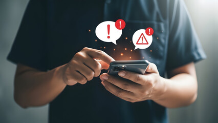 Man holding phone with notification alert symbols