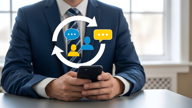 Man in suit interacting with mobile phone and chat icons