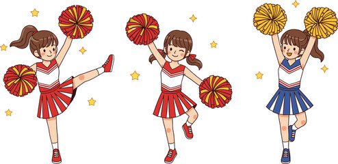 Cheerleader kids vector illustration set with girls performing cheerleading dance moves using pom poms