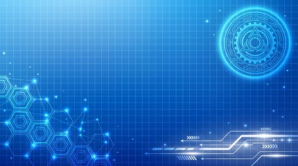 Abstract digital technology backdrop featuring a luminous blue grid pattern glowing circuit elements and futuristic geometric shapes in a deep blue gradient space data science network