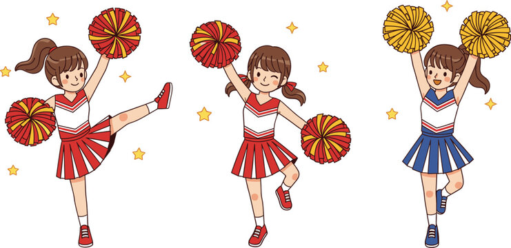Cheerleader kids vector illustration set with girls performing cheerleading dance moves using pom poms