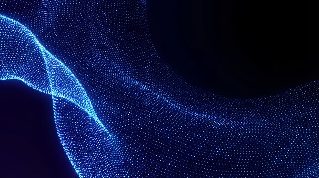 Abstract blue glowing wave pattern composed of many tiny luminous dots creating a dynamic digital data flow visualization against a deep space void particles technology particle futuristic - Powered by Adobe
