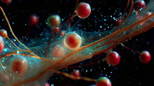 A Stunning Close-Up of Bioluminescent Microorganisms in a Macroscopic View, Highlighting Their Intricate Structures and Vibrant Colors against a Dark Background
