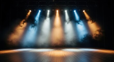 Fototapeta premium Stage with colorful spotlights and smoke, creating a dramatic and vibrant atmosphere.