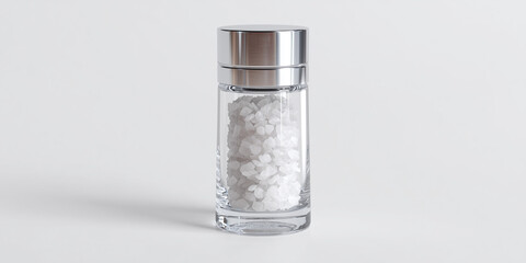 Naklejka premium unbranded transparent salt, Elegant glass salt shaker featuring a shiny metal lid, filled with coarse white salt