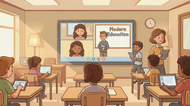 Classroom illustration students teacher online education