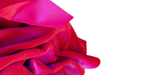 Close up shot of luxurious red velvet cloth with vibrant magenta shadows and highlights against a white background. Perf © vegefox.com