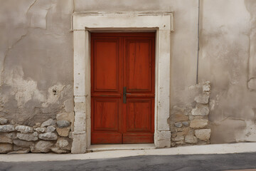 Fototapeta premium Wooden door on a stone wall in a quiet street in an old town at midday