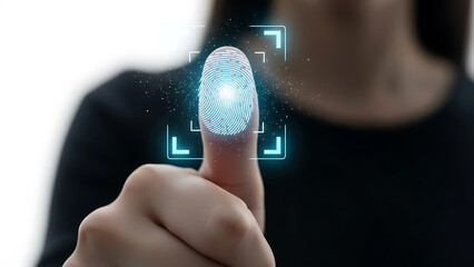 Closeup of finger with glowing blue fingerprint scan