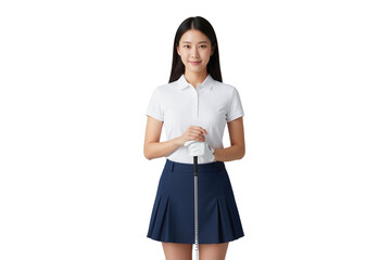 Smiling young Asian woman golfer holding a golf club with a gloved hand, isolated on transparent background
