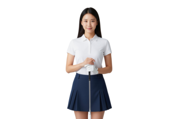 Smiling young Asian woman golfer holding a golf club with a gloved hand, isolated on transparent background