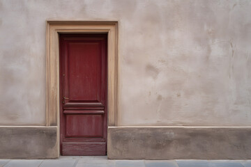 Fototapeta premium Red door on a plain wall in a quiet street during the day with sunlight illuminating the surface